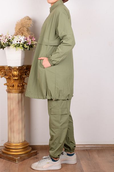 Armine 24yt617 Green Women's Parachute Fabric Elastic Waist Half Zipper Pants Set