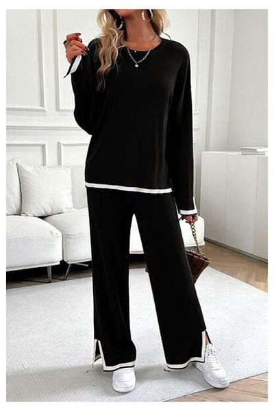 Little Visqon Women's Crew Neck Sleeves and Slit Detail Modal Two Piece Suit - Black