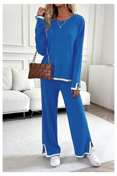 Little Visqon Blue Modal Two-Piece Suit - Crew Neck, Slit Sleeves and Leg