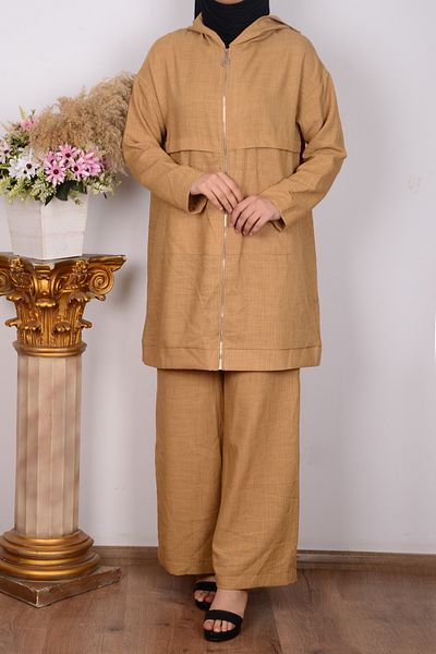Armine 24yt638 Caramel Women's - Front Zipper Hooded Wide Leg Pants Set