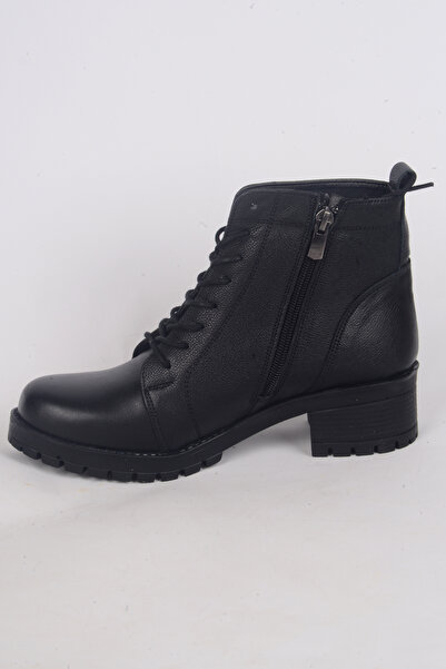 Bulldozer 250612 Deri Ortapedik Tabanlı Yarım Boğazlı Bağcıklı Siyah Kadın Kışlık Bot Ayakkabı