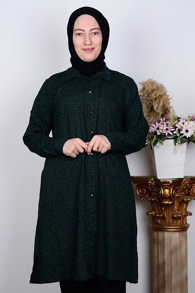 FERACE TESETTÜR Ferace 8929-1 Green Women's Comfortable Cut Large Size Buttoned Viscose Leaf Patterned Tunic