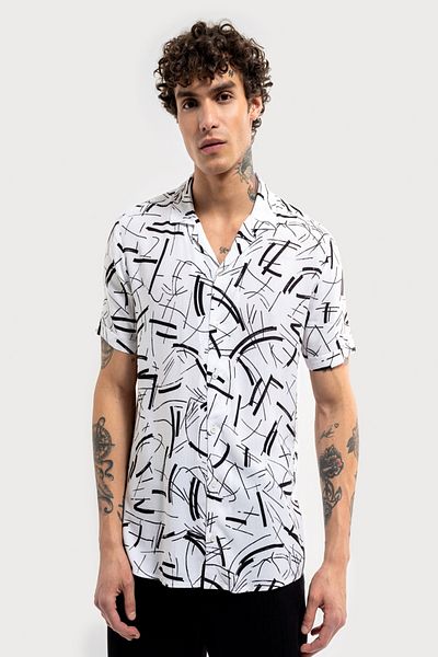 Loft 2035557   Men's Relax Fit Black Striped Comfortable Fit White Open Collar Viscous 100%
