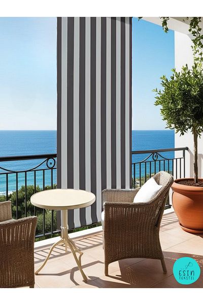 esin tekstil Black Gray Striped Balcony Curtain with Cornice - Luxury Tailored Tarpaulin