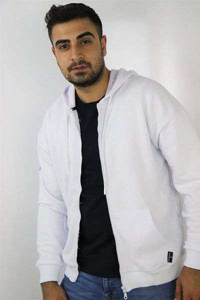 Hnc&Man 22-5602 Men's White Front Zippered Hooded Sweat