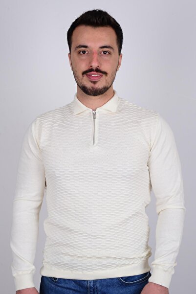 Cazador 3012 Beyaz Polo Yaka Önü Fermuarlı Erkek Kazak