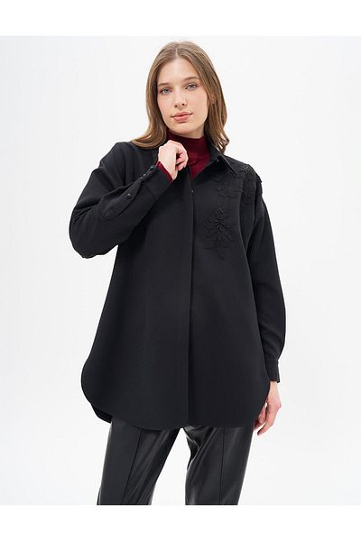 Kayra Black Embroidered Shirt Collar Tunic