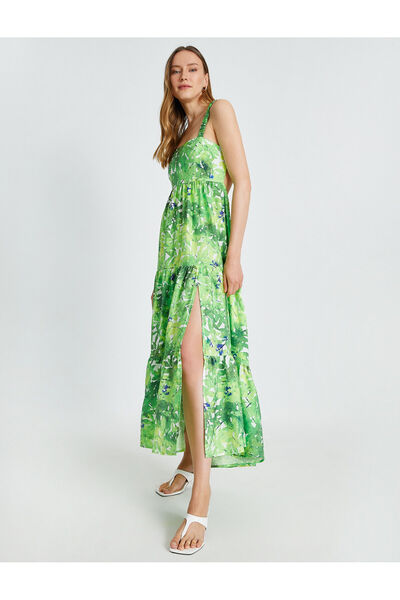 Koton Μακρύ φόρεμα βισκόζης με τιράντες - Floral σχέδιο και σκίσιμο