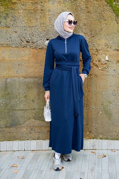 Tesettür Çarşım Scuba Fabric Wide Belt Sports Dress - Navy