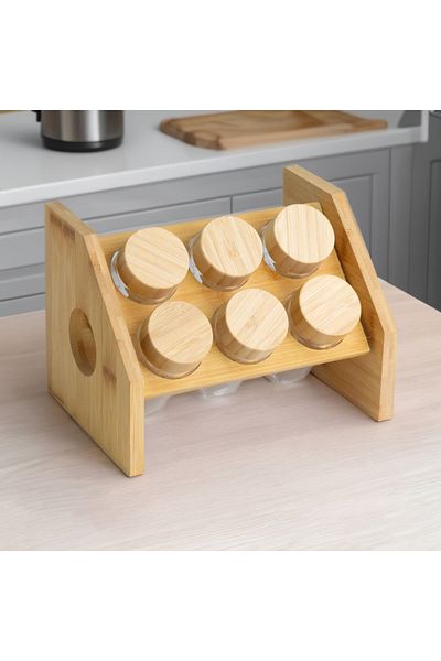 Vadi Set of 6 Glass Spice Racks with Bamboo Lids - Spice Organizer with Wooden Stand