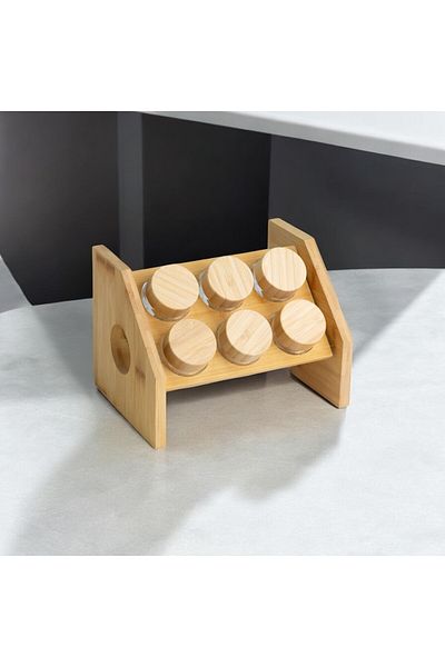 Vadi Set of 6 Glass Spice Racks with Bamboo Lids - Spice Organizer with Wooden Stand