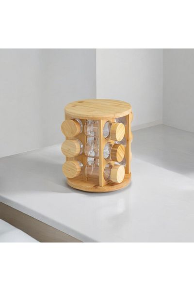 Vadi Set of 12 Round Borosilicate Glass Spice Racks with Bamboo Lids and Swivel Stand