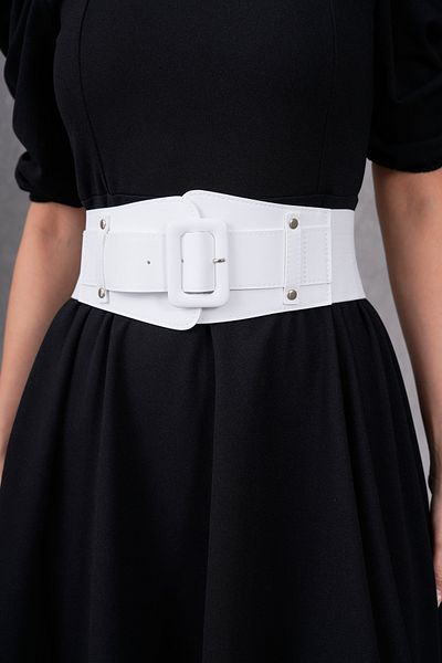 WOMAN VISION Curea albă din piele artificială cu elastic flexibil și cataramă mare - femei, corsaj în talie, lat 1743