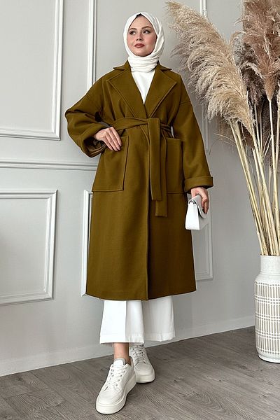 InStyle Double Breasted Wide Sleeve Oil Green Stamp Coat