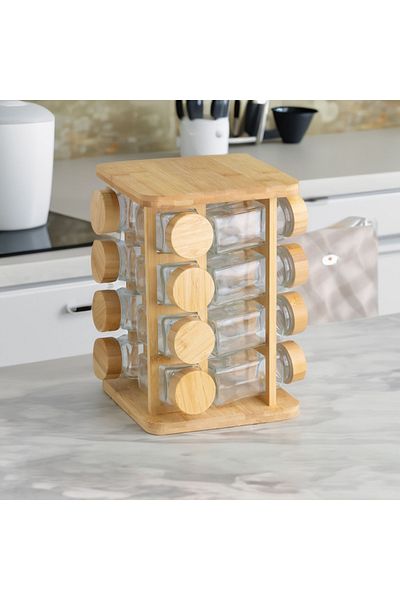 Vadi Set of 16 Square Borosilicate Glass Spice Racks with Bamboo Lids and Swivel Stand