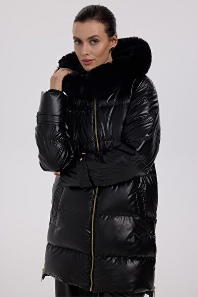 Ekol Kürk Kapüşonlu Şişme Kaban Siyah-7545