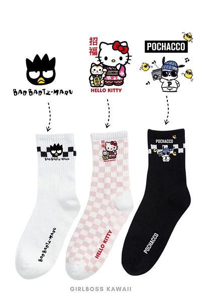 Girlboss Kawaii Sanrio Hello Kitty Bad Badtz Maru Pochacco 3-Piece Checkered Tennis Socks Set