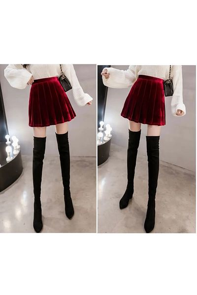 NSMLİFE Red High Waist Pleated Autumn And Winter Velvet Skirt