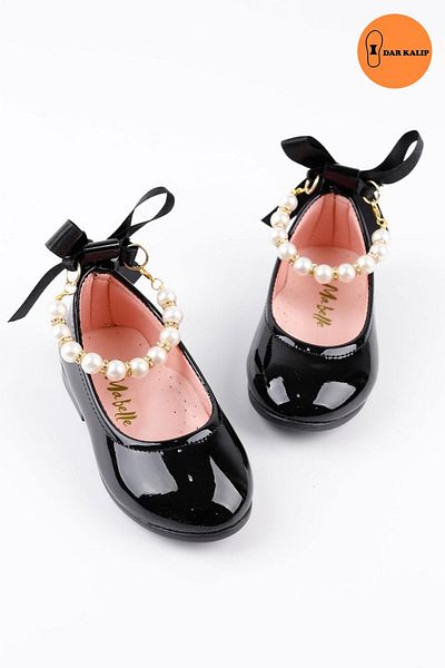 Le Mabelle Black Pearled Heel Bow Girls Shoes