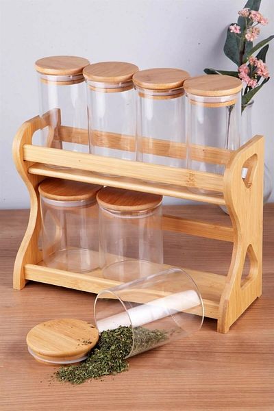 Vadi Round Borosilicate Glass Jar with 7 Bamboo Stands