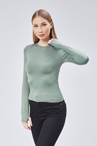 Maison La Femme Γυναικείο μπλουζάκι με μακρυμάνικο μακρυμάνικο λαιμόκοψη με πράσινο πλεκτό στρατό