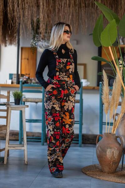 Miss Boheme Black Floral Patterned Wide Leg Salopet Jumpsuit