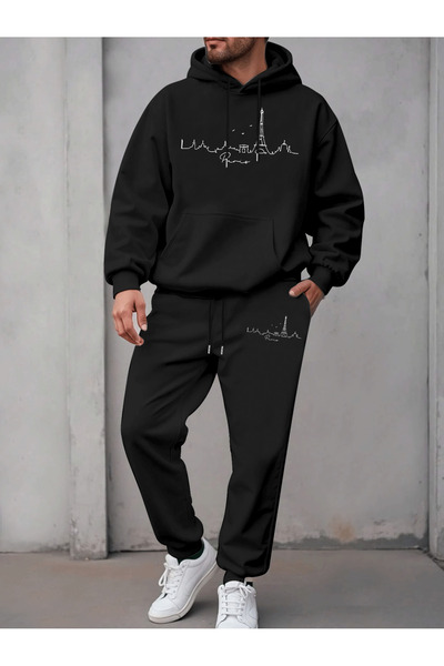 mercoledi Set de trening supradimensionat pentru bărbați, cu glugă neagră, cu imprimeu Turnul Eiffel Paris