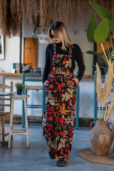 Miss Boheme Black Floral Patterned Wide Leg Salopet Jumpsuit