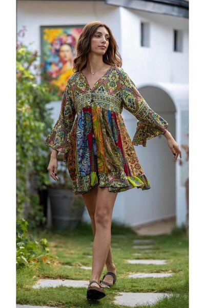 Miss Boheme İthal Özel Tasarım Üç Düğmeli Patchwork Rayon Bluz