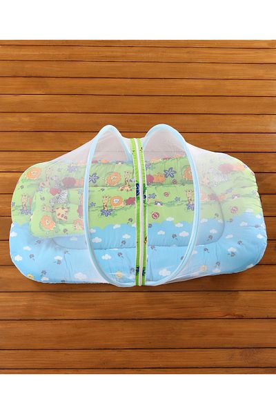 Babyhug طقم فراش مع ناموسية بسحاب وطبعة منزل - ناعم وقابل للطي وقابل للغسل، للأطفال من سن 0 أشهر فما فوق