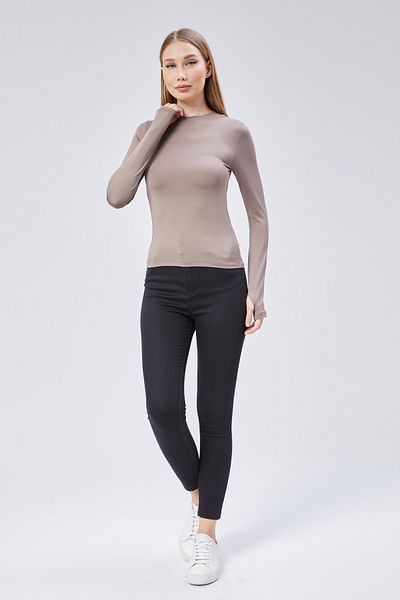 Maison La Femme Καφέ πλεκτό Basic Crew λαιμόκοψη μακρυμάνικο Slim Fit γυναικείο μπλουζάκι