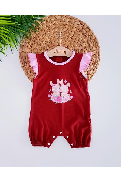 Jammybaby My Friend Rabbit Shoulder Ruffled 100% Cotton Combed Baby Girl Summer Shorts Jumpsuit