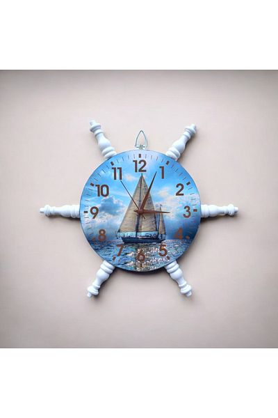 Bahat Blue White Glassless Wooden Sailor Helm Living Room Office Wall Clock Diameter 36 cm