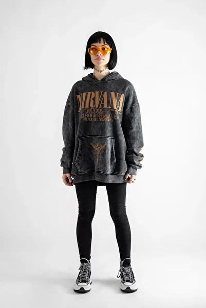 Bak Moda In Utero Printed Oversize Unisex Premium Washed Black Hoodie