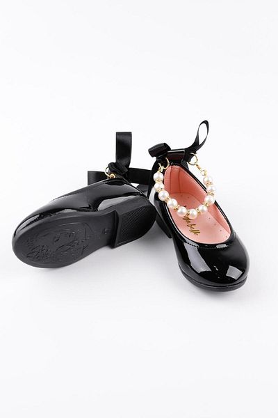 Le Mabelle Black Pearled Heel Bow Girls Shoes