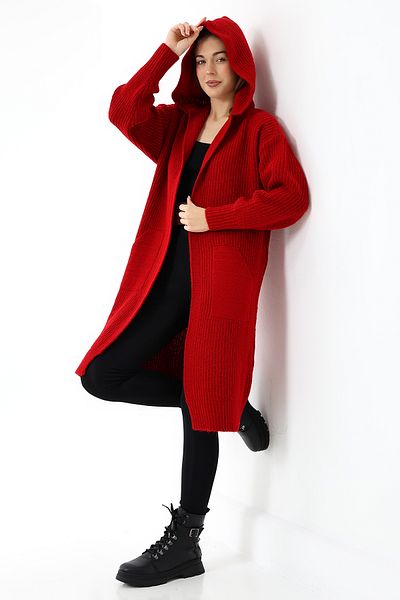 Devinka Women's Red Hooded Oversize Loose Long Pocket Knitwear Cardigan