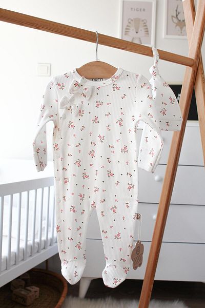 Mini Ropa Ecru Baby Girl Jumpsuit - Floral Patterned, Ribbed Booties, Newborn