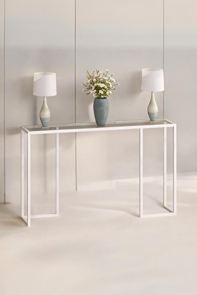 TOLIAHOME Beyaz Renk Metal Iskeletli Temper Camlı Raflı Dresuar Konsol Çiçeklik Saksılık