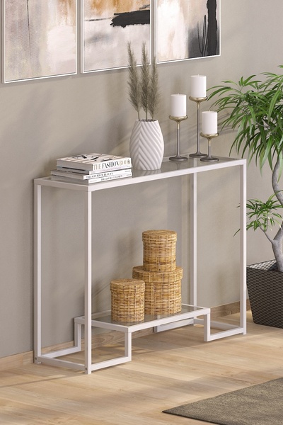 TOLIAHOME Modern Beyaz Renk Metal İskeletli Temper Camlı Raflı Dresuar Konsol
