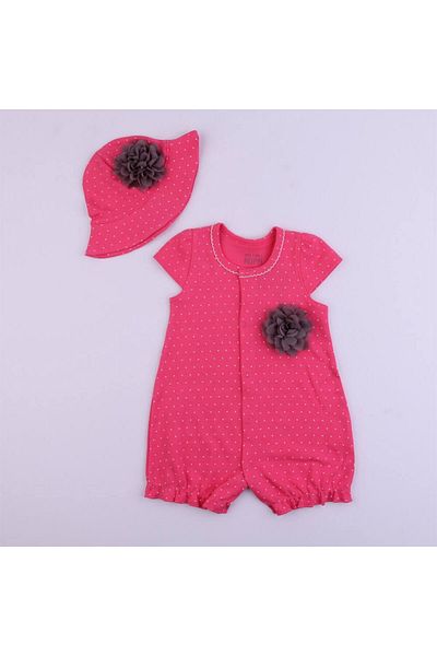 Mini Ropa Fuchsia Polka Dot Gray Floral Baby Jumpsuit with Hat