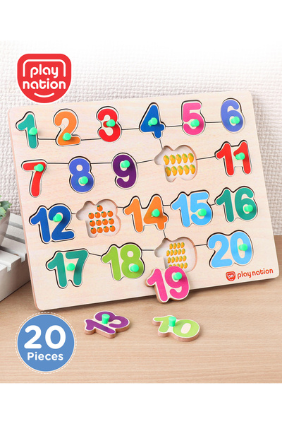 PlayNation لعبة أحجية مونتيسوري الخشبية من بلاي نيشن - مقابض وأوتاد أرقام، 20...
