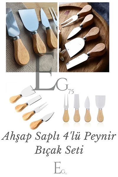 EG75 4 Pieces Wooden Handle Stainless Steel Cheese Knives Serving Set