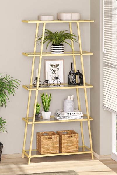 TOLIAHOME Modern 5 Katlı Gold Renk Metal Iskeletli Cam Raflı Aksesuar Rafı Kitaplık Çiçeklik Saksılık