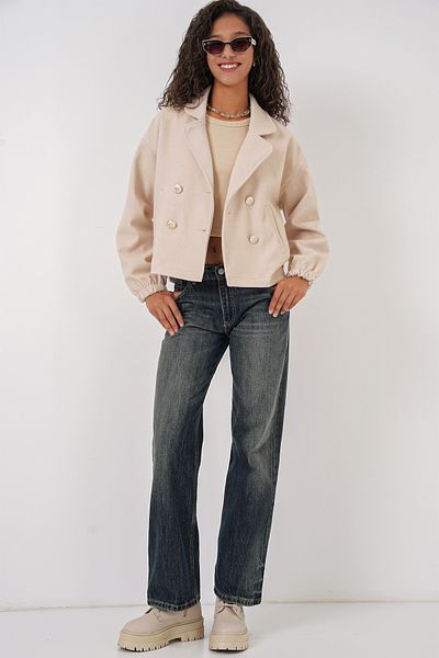 Bigdart 9117 Double Breasted Collar Crop Jacket - Μπεζ