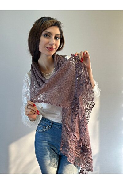 Gönülden Tasarım Women's Scarf Shal with Knitted Rubbers 160X30 cm Purple