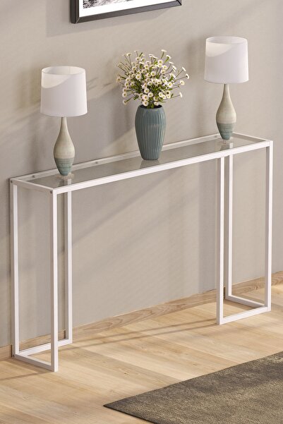 TOLIAHOME Beyaz Renk Metal Iskeletli Temper Camlı Raflı Dresuar Konsol Çiçeklik Saksılık