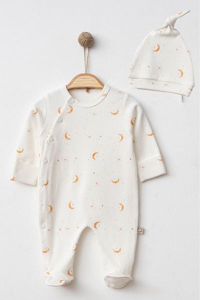 Mini Ropa Ecru Baby Rompers - 0-3-6 Months, Moon Printed, Snap Fasteners and Gloves