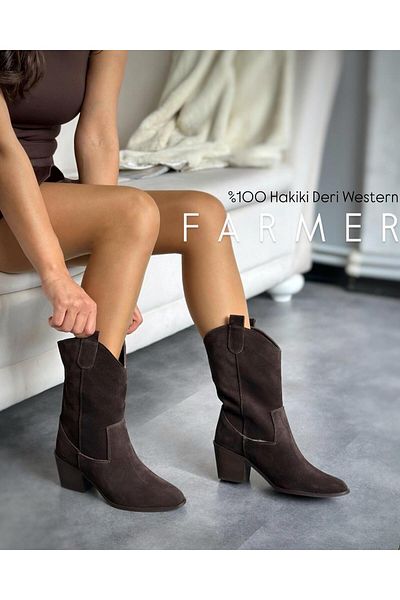 Zuum Γυναικείες μπότες Western Farmer - 100% γνήσιο δέρμα, καφέ σουέντ