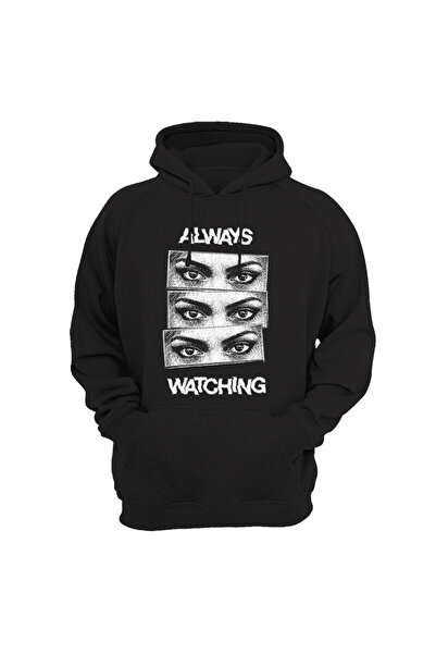 WİDİ Unisex Always Watching Štampano Streetwear Cool Kengur džep Crna majica
