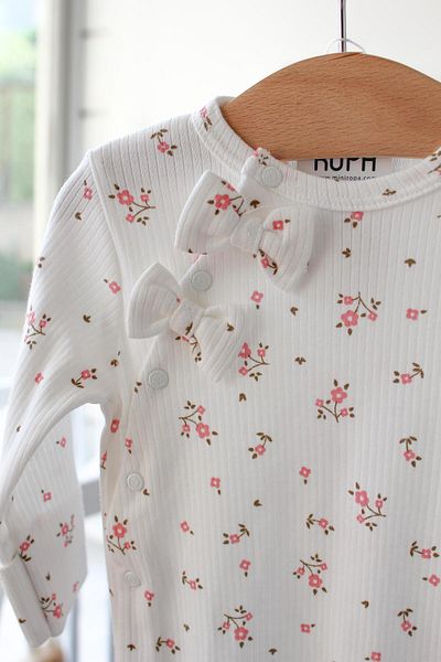 Mini Ropa Ecru Baby Girl Jumpsuit - Floral Patterned, Ribbed Booties, Newborn